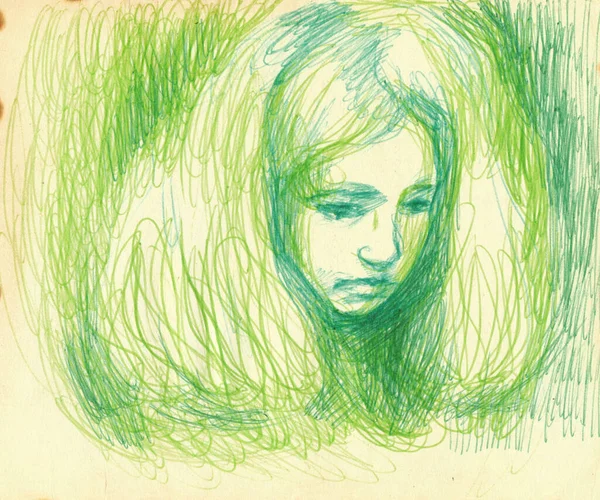 Portrait Young Girl Pen Drawing Paper — Stock Photo, Image