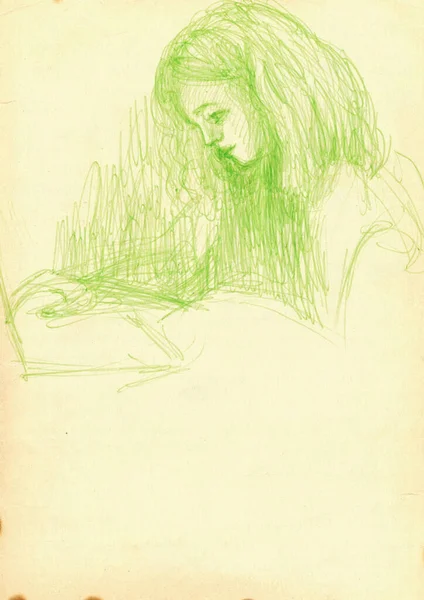Portret Młodej Dziewczyny Rysunek Wstrzykiwacza Papierze — Zdjęcie stockowe