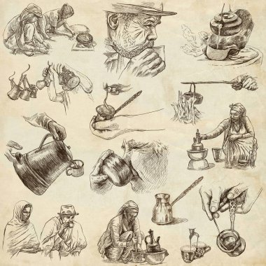 - Kahve. - Kahve. Tarım. Bir çiftçinin hayatı. Kahve hasadı ve işleme. Bir el çiziminin koleksiyonu. Bir paket dolusu el çizimi çizimi. El yazması çizimler kümesi.