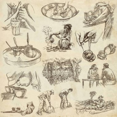 - Kahve. - Kahve. Tarım. Bir çiftçinin hayatı. Kahve hasadı ve işleme. Bir el çiziminin koleksiyonu. Bir paket dolusu el çizimi çizimi. El yazması çizimler kümesi.