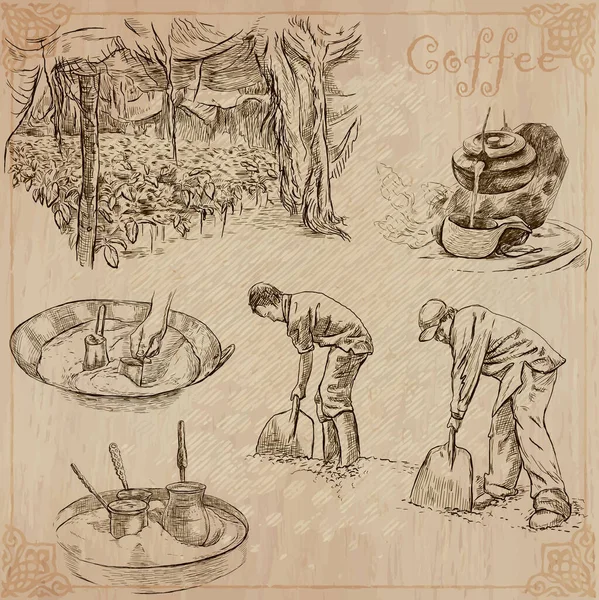Coffee 农民的生活 咖啡收获和加工 收集手绘插图 一组矢量插图 线条艺术 一套速写草图 — 图库矢量图片