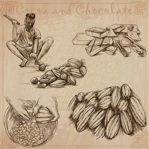 ココア カカオ チョコレート 農家の生活 ココアの収穫と処理 手描きイラスト集 ベクトルイラスト ラインアートのパック フリーハンドのスケッチのセット — ストックベクタ