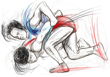 Greco-Roman Wrestling. An full sized hand drawn illustration clipart