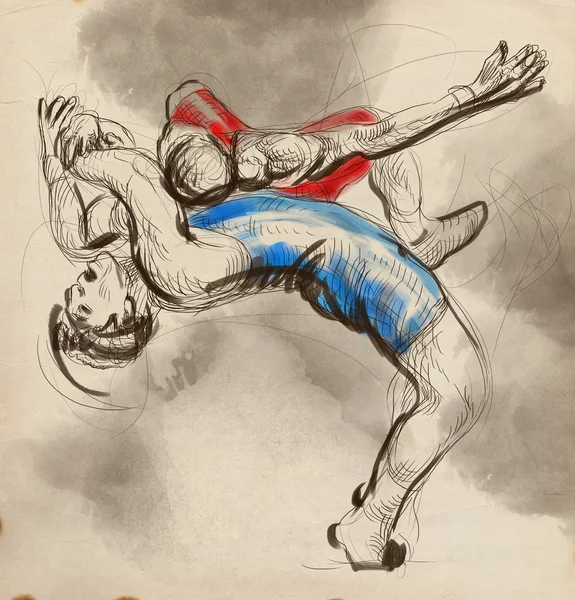 Greco-Roman Wrestling. An full sized hand drawn illustration