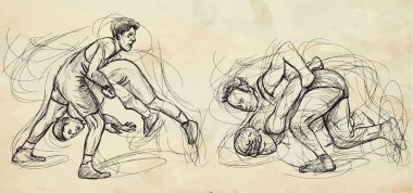 Greco-Roman Wrestling. An hand drawn illustration - vector set clipart