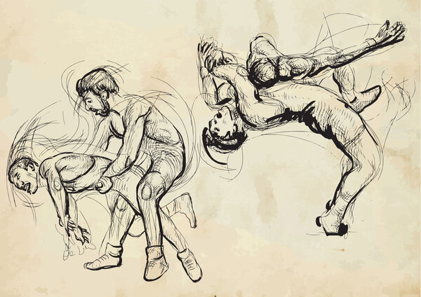 Greco-Roman Wrestling. An hand drawn illustration - vector set