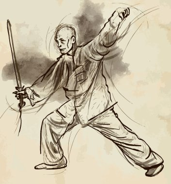 Taiji (tai chi). çizilen illüstrasyon vektör dönüştürülmüş bir el