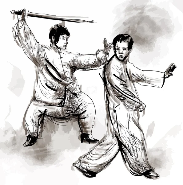 Taiji (Tai Chi). Uma ilustração desenhada à mão convertida em vetor —  Vetores de Stock