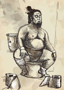 Sumo fighter on the toilet bowl - converted vector clipart