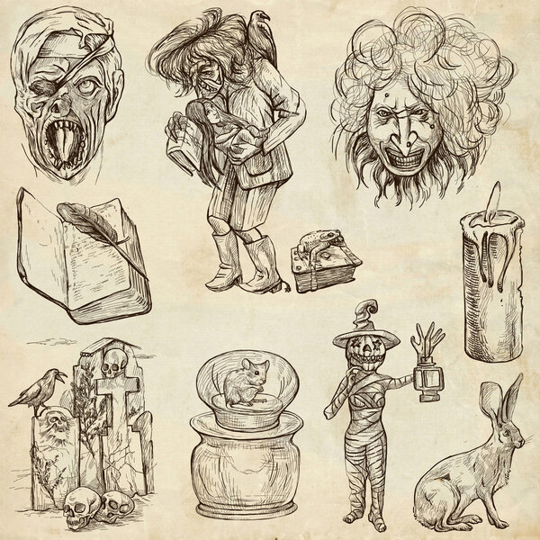 Хэллоуин, монстры, магия - коллекция рисунков вручную
