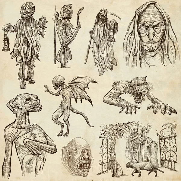 Halloween, Monstruos, Magia - Una colección dibujada a mano —  Fotos de Stock