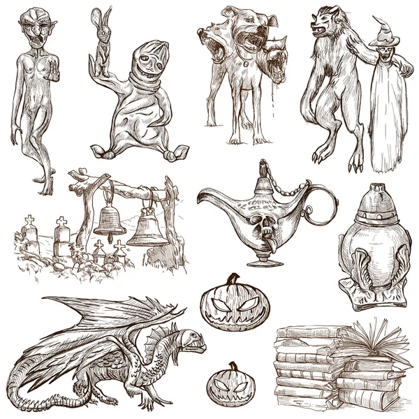 Halloween, Monstros, Magia - Uma coleção desenhada à mão — Fotografia de Stock