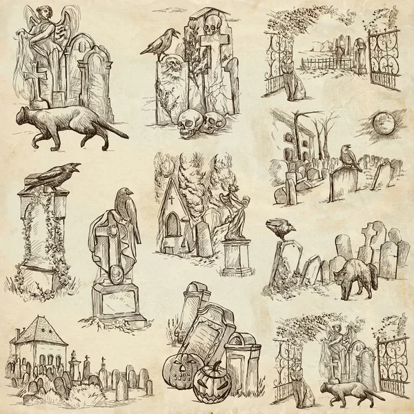 Dia das bruxas, cemitérios - uma coleção de mão desenhada — Stockfoto