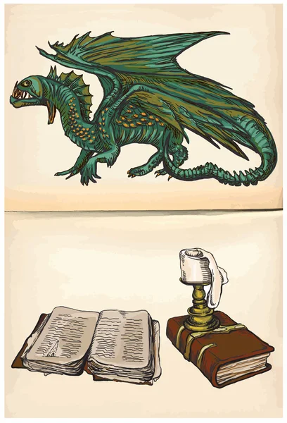 Dragon et livres - dessins à la main, vecteur — Image vectorielle