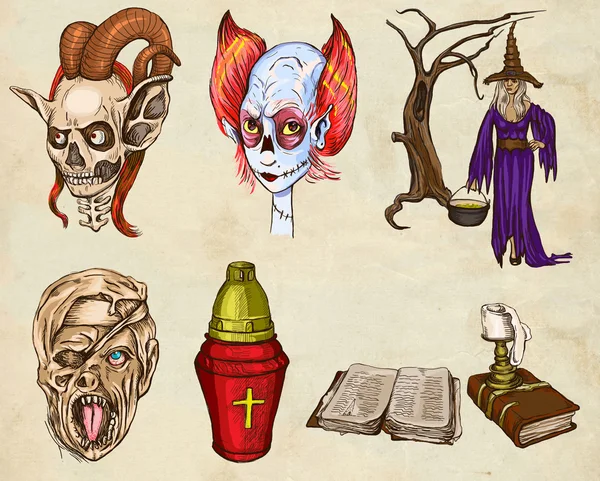 Halloween avatarok - egy kézzel rajzolt méretű illusztrációk, csomag — Stock Fotó