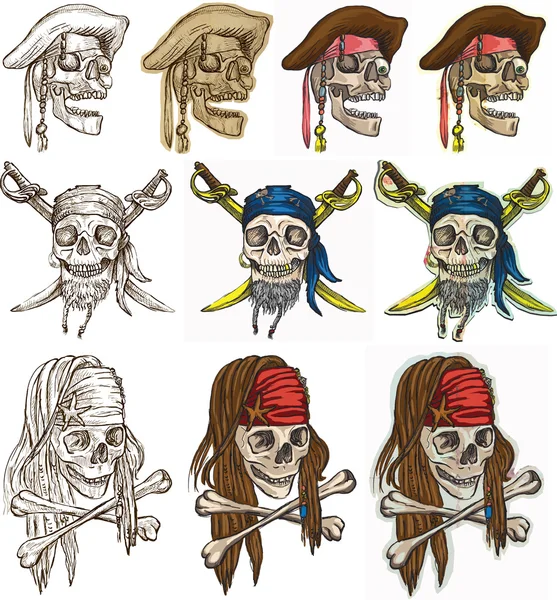 Pirati - Collezione di teschi di pirati, disegni a mano — Vettoriale Stock