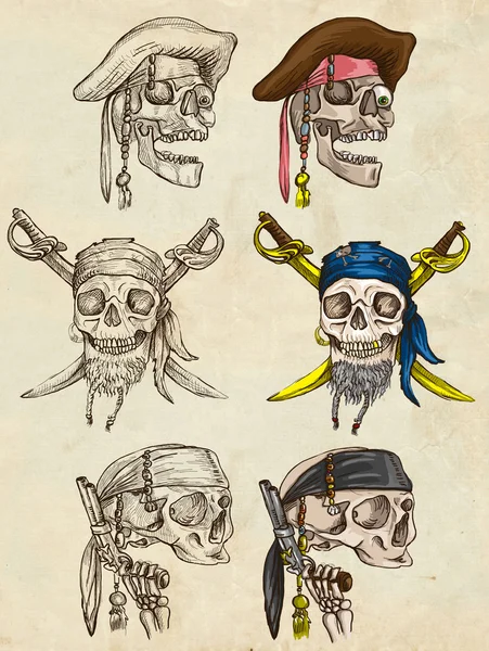 Pirates - collection de crânes. Dessins à la main pleine grandeur sur papier . — Photo