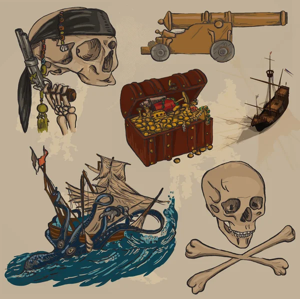 Пираты - ручной рисунок цветной векторный пакет номер 3 — стоковый вектор