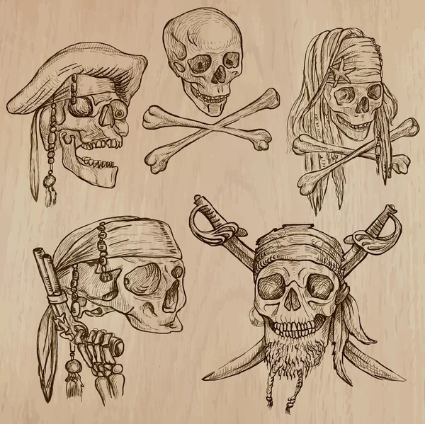 Пираты - коллекция черепов. Линейное искусство, вектор — стоковый вектор