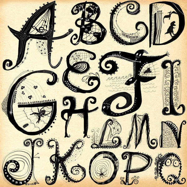 Kręcone figlarny alfabet - A do Q — Zdjęcie stockowe