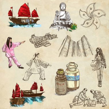 Hong Kong seyahat - tam boyutlu çizilen illüstrasyon no.3 el