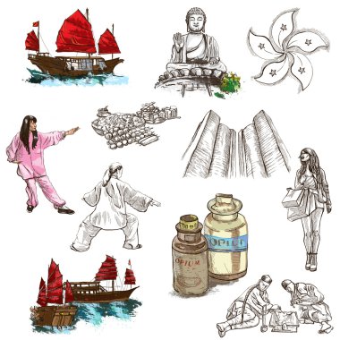 Hong Kong seyahat - tam boyutlu çizilen illüstrasyon no.3 el