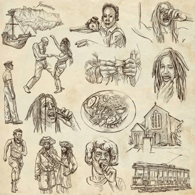 Jamaika seyahat - tam boyutlu kağıt üzerinde elle çizilmiş paketi