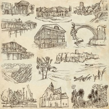 famous places and architecture - hand drawings clipart