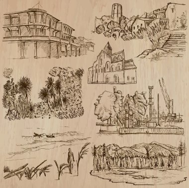 Famous places and architecture - hand drawn vector clipart