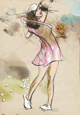 Oyuncu - bir el golf çizilmiş ve boyalı illüstrasyon