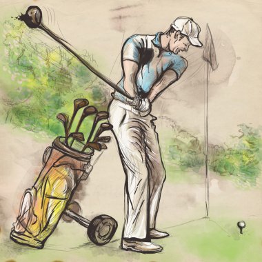 Oyuncu - bir el golf çizilmiş ve boyalı illüstrasyon
