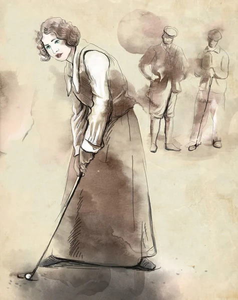 Golf Player - намальована рука та розфарбована ілюстрація — стокове фото