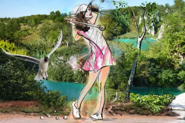 Young beautiful woman in front of landscape. Mixed media. clipart