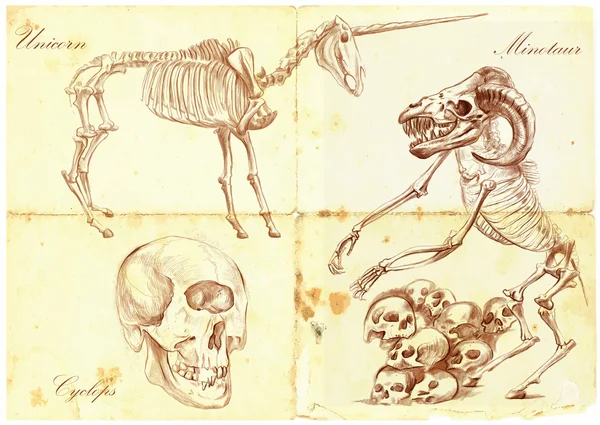 Un vector dibujado a mano: Unicornio, Cíclope, Minotauro — Archivo Imágenes Vectoriales