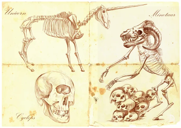 Um vetor desenhado à mão: Unicórnio, Ciclope, Minotauro — Vetor de Stock