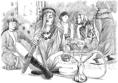 Sigara nargile (Harem) - bir elle çizilmiş tam ölçekli çizim