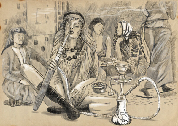 Smoking Hookah (Harem) - An hand drawn full sized illustration