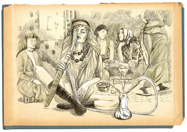 Rauchende Wasserpfeife (Harem) - eine handgezeichnete Illustration in voller Größe — Stockfoto