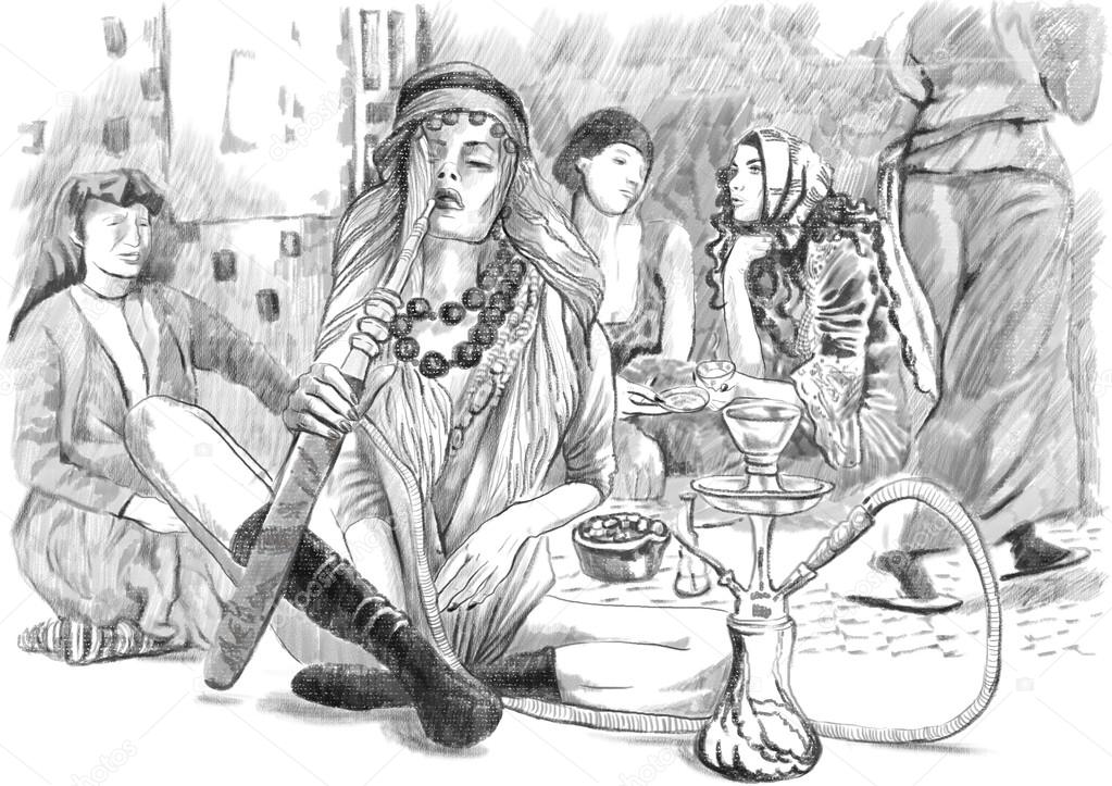 Smoking Hookah (Harem) - An hand drawn full sized illustration