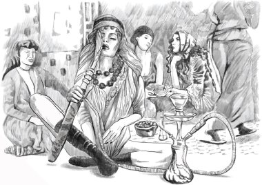 Sigara nargile (Harem) - bir el çizilmiş vektör, beyaz