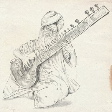 Tanpura oyuncu. Serbest kroki. Tam boyutlu, orignal.