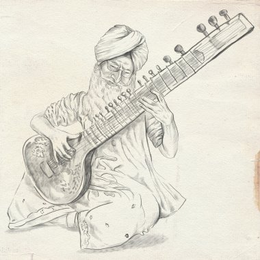 Tanpura player. Freehand sketch. Full sized, orignal. clipart