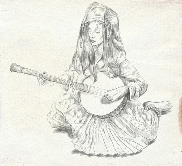 Banjo player. Freehand sketch. Full sized, orignal. — Stock Photo, Image