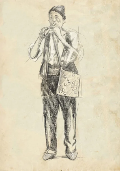 Tocador de flauta. Uma ilustração em tamanho real desenhada à mão, original . — Fotografia de Stock