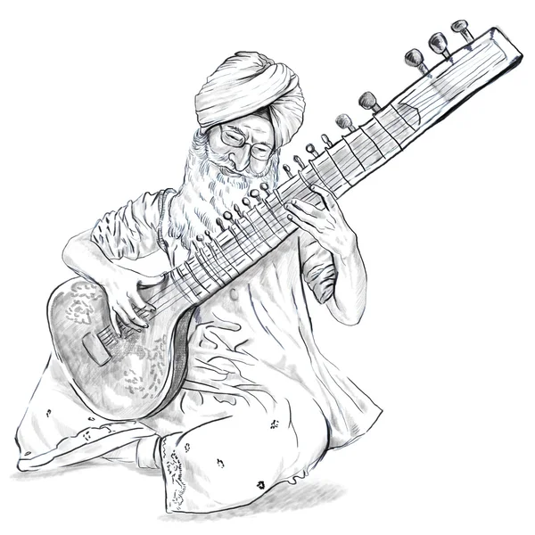 Tanpura player. Freehand sketch. Full sized, orignal. — Stock Photo, Image