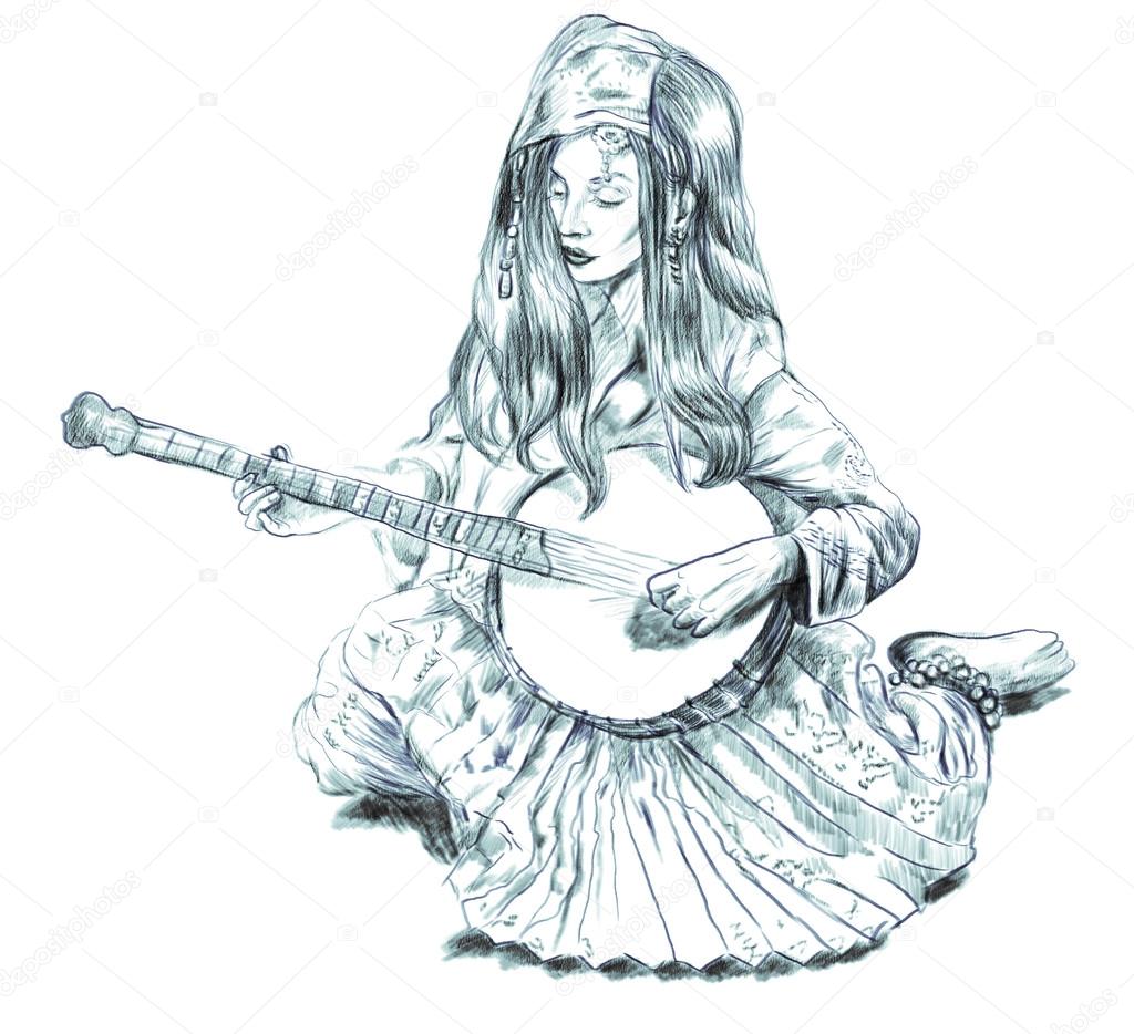 Banjo player. Freehand sketch. Full sized, orignal.