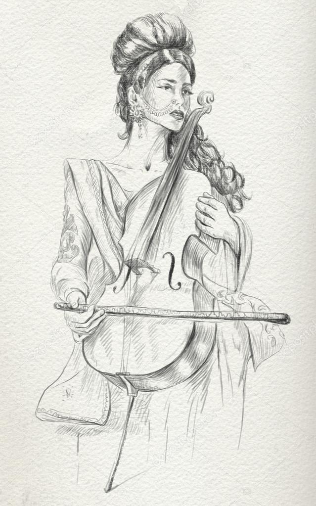 Cello Player Freehand Sketch Full Sized Orignal Stock