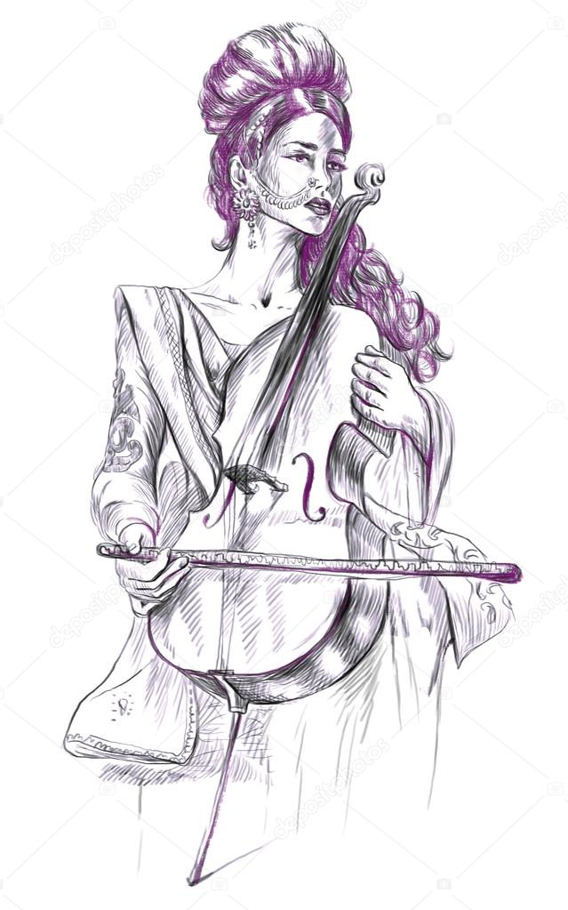 Cello player. Freehand sketch. Full sized, orignal.