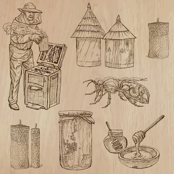 Bienen, Imkerei und Honig - handgezeichnetes Vektorpaket 9 — Stockvektor