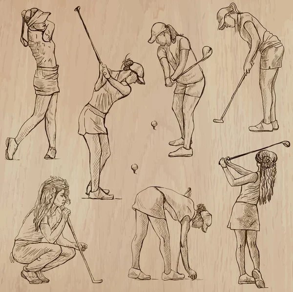 高尔夫球场和高尔夫球手-手绘矢量 — 图库矢量图片